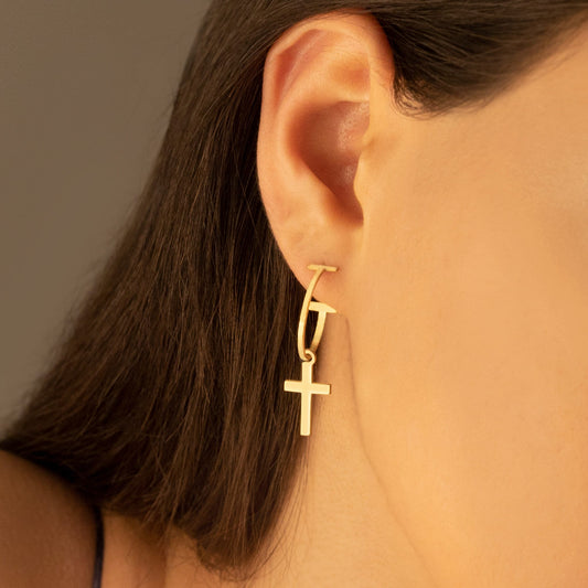 925 Sterling Silver Dangle Cross Hoop Earrings
