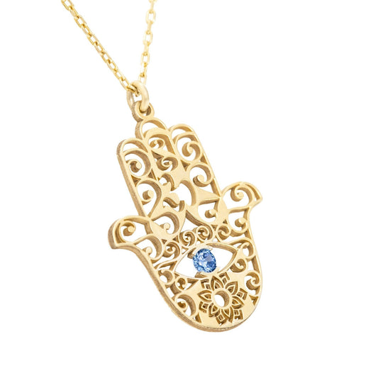 14K Solid Gold Hand of Fatima With Birthstones Necklace