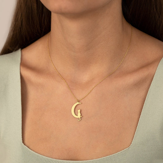14K Solid Gold Cat Moon Necklace