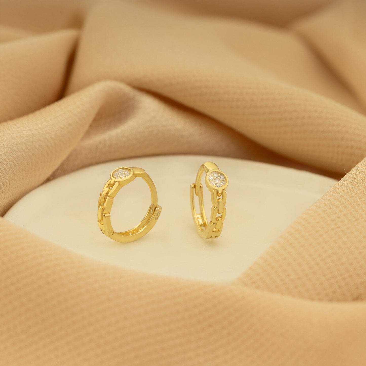 925 Sterling Silver Chain Hoop Diamond Ring Earring