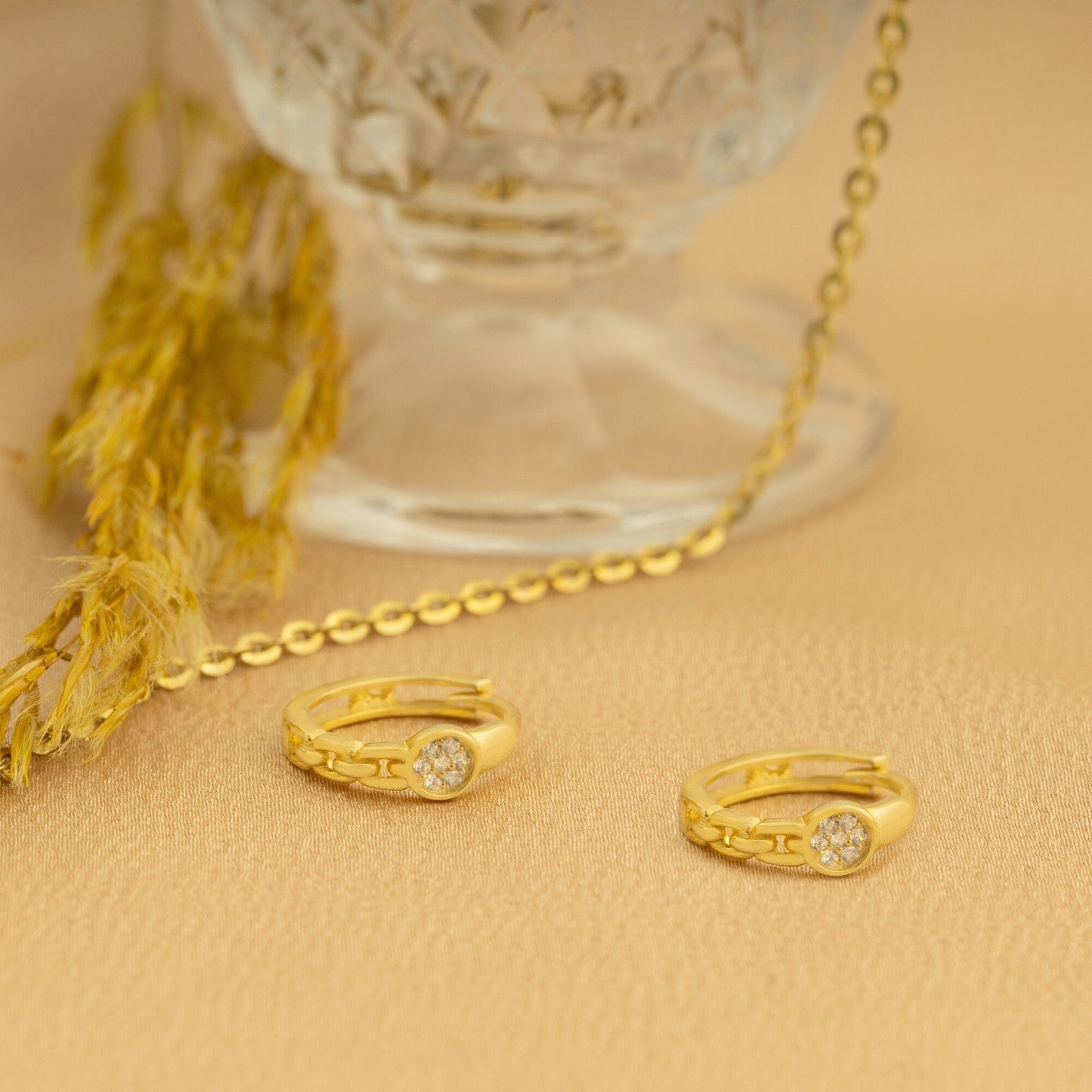 925 Sterling Silver Chain Hoop Diamond Ring Earring
