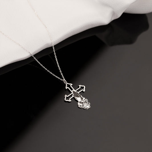 925 Sterling Silver Praying Hands Crucifix Necklace