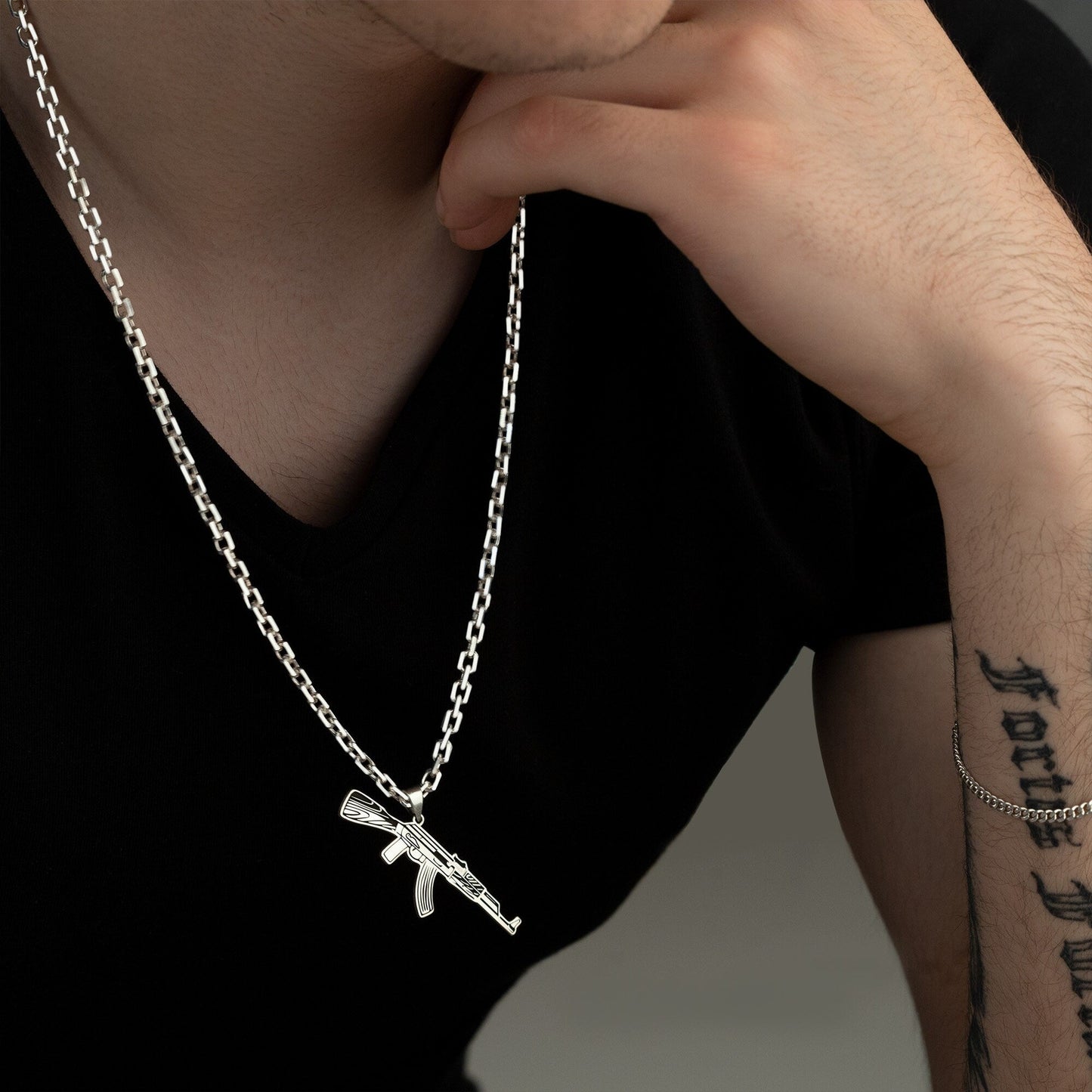 925 Sterling Silver Bold Force Chain AK-47 Necklace