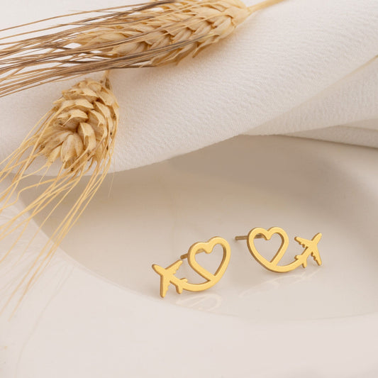 925 Sterling Silver Heart with Plane Earring