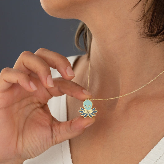 925 Sterling Silver Enamel Octopus Name Necklace