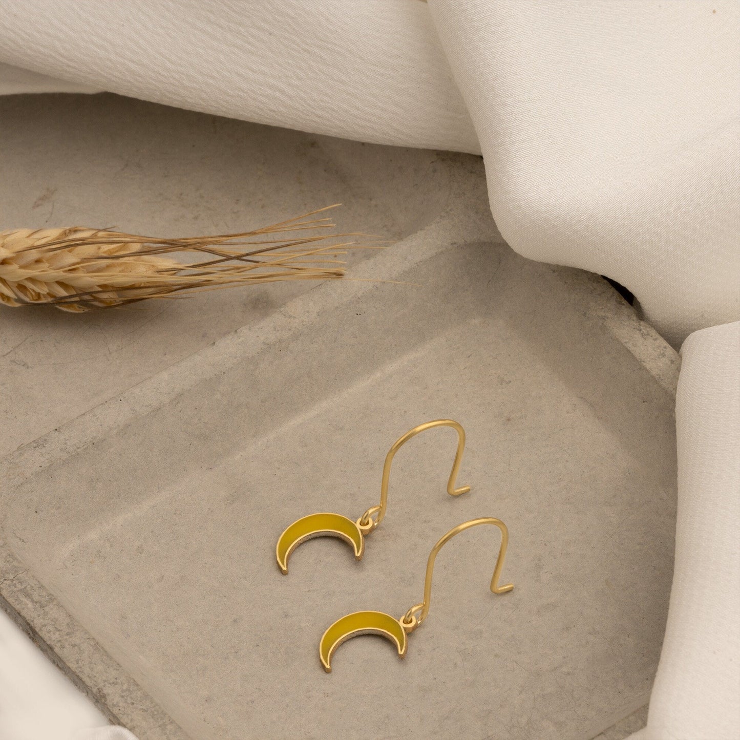 Enamel Dainty Moon Earring - Valentine's Day Gift - Crescent Moon - Yellow Moon Earrings - Minimalist Earring - Celestial Jewelry