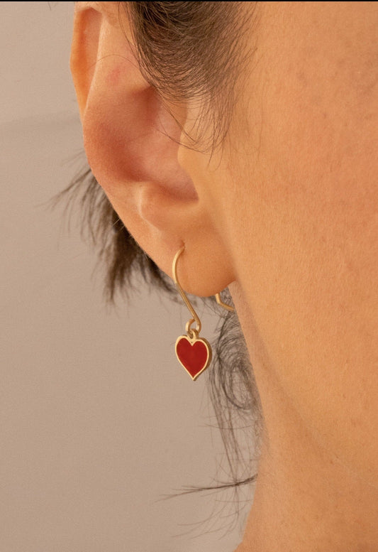 14K Solid Gold Dangle Red Heart Earring