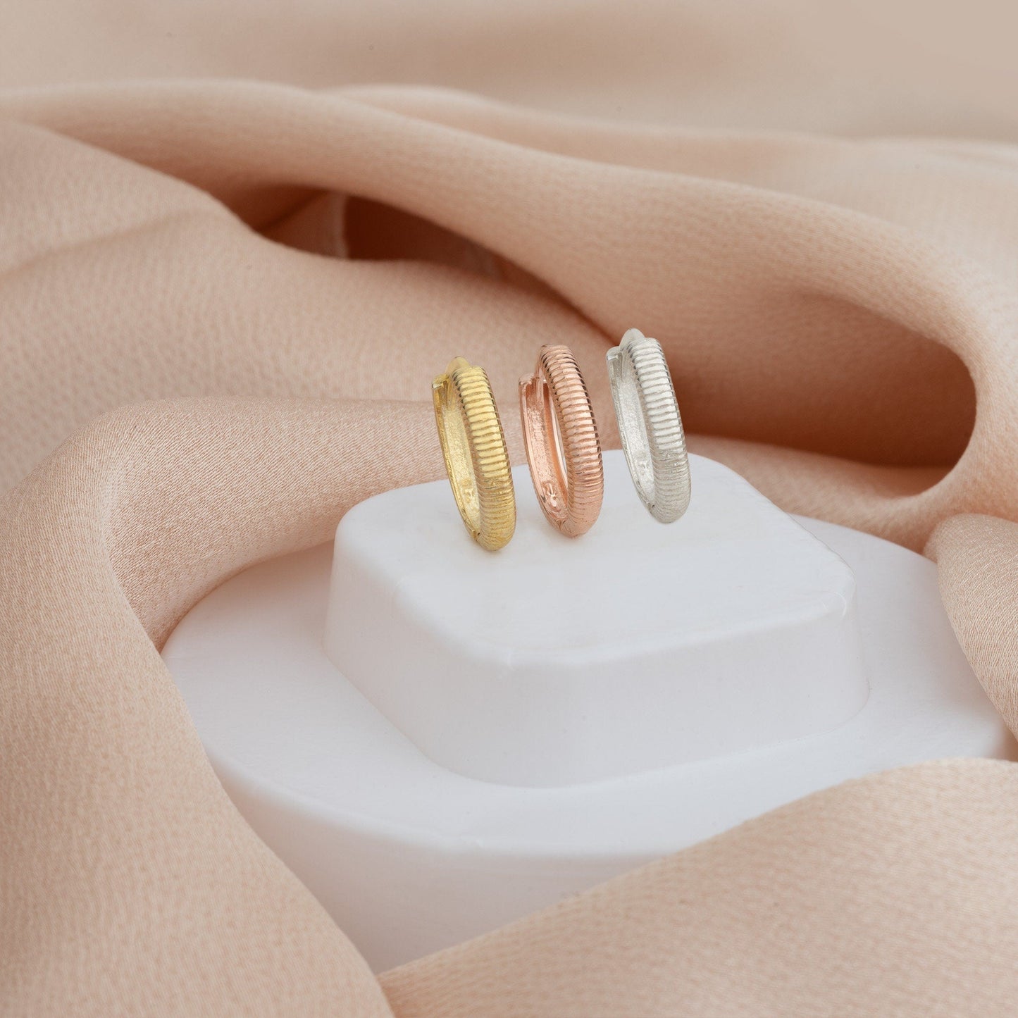 925 Sterling Silver Serrated Hoop Huggie Earrings