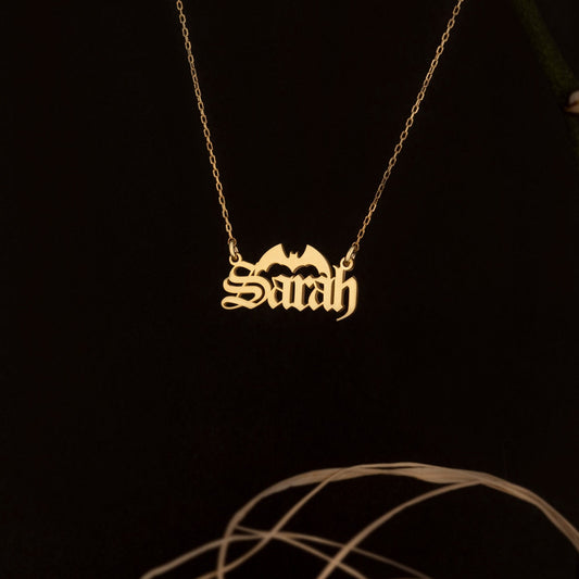 925 Sterling Silver Personalized Bat Custom Name Necklace - Halloween Jewelry