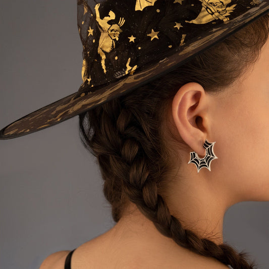 925 Sterling Silver Enamel Spider Web Earrings - Halloween Jewelry