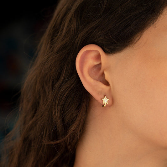 925 Sterling Silver Diamond Star Hoop Earrings