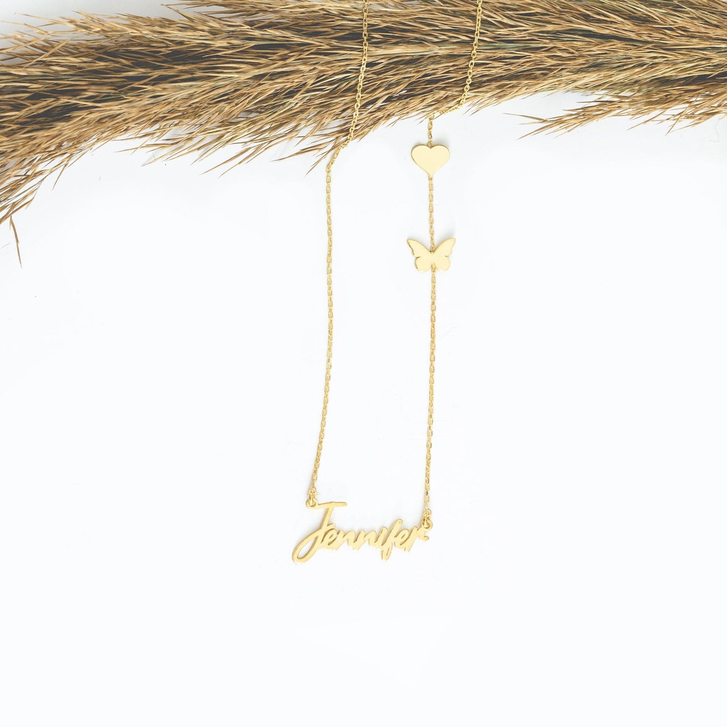 14K Solid Gold Personalized Name Necklace with Heart and Butterfly