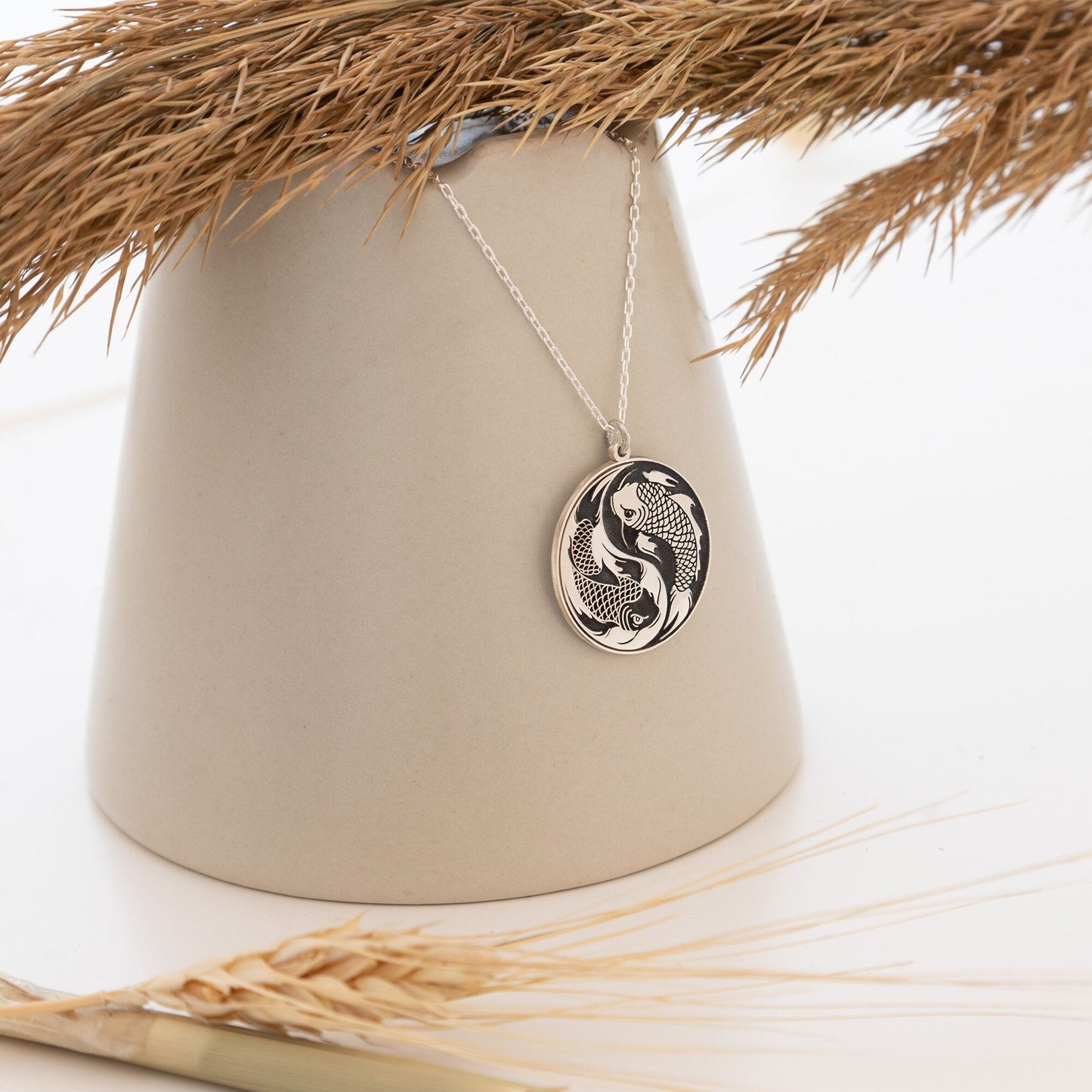 925 Sterling Silver Koi Fish Ying Yang Medallion Necklace