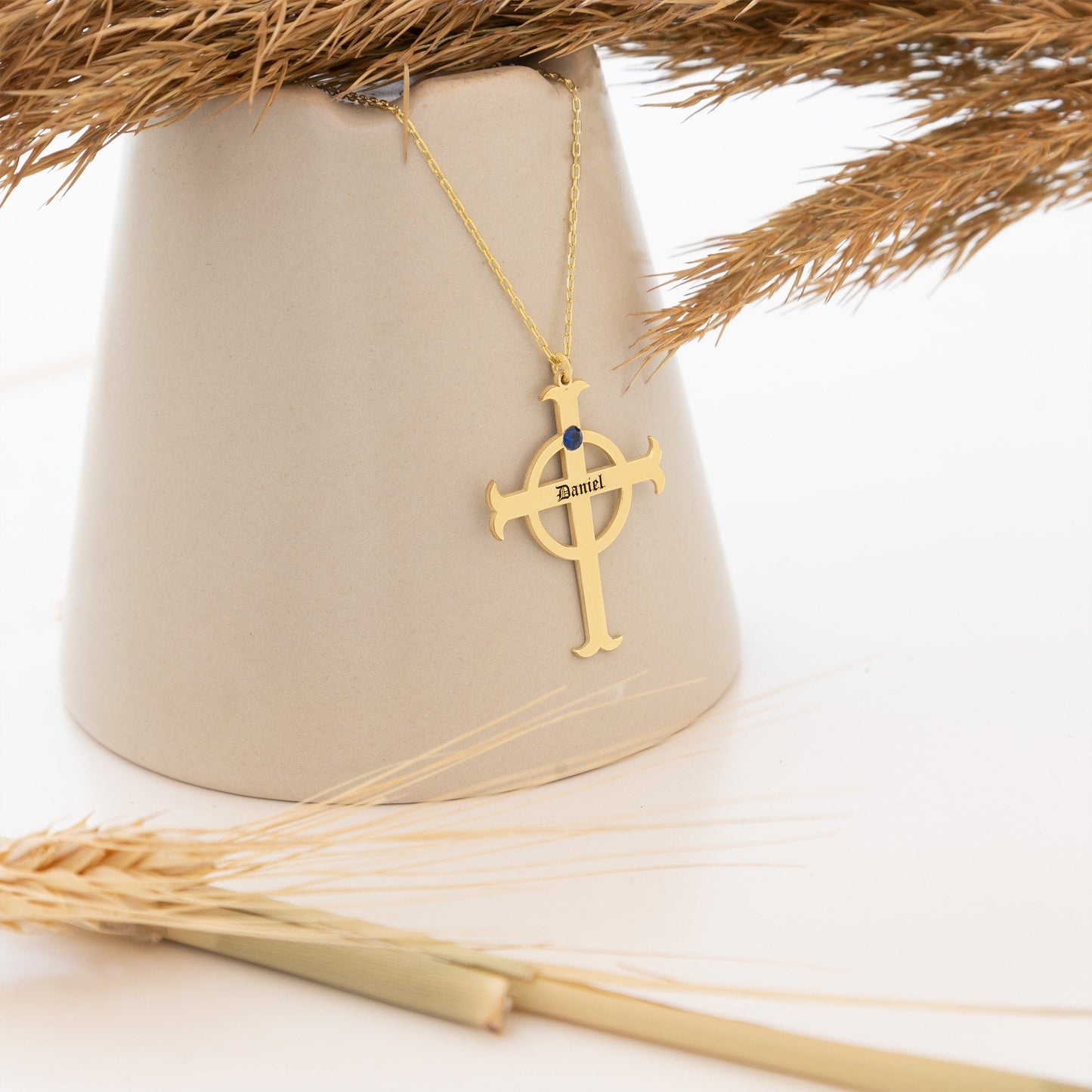 925 Sterling Silver Cross Name Necklace with Birth Stone