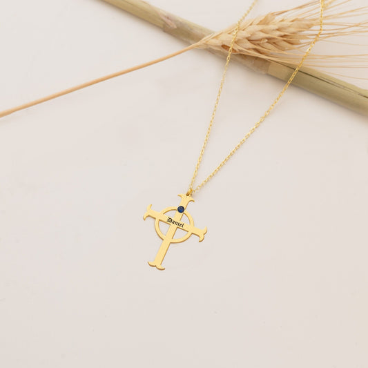 925 Sterling Silver Cross Name Necklace with Birth Stone