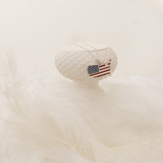 925 Sterling Silver Enamel America Flag Pendant Necklace