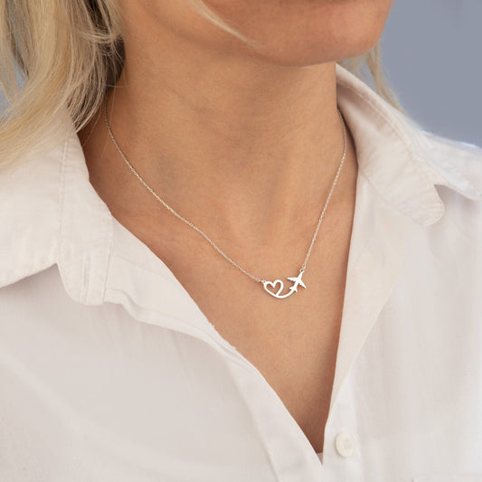 925 Sterling Silver Plane and Heart Necklace