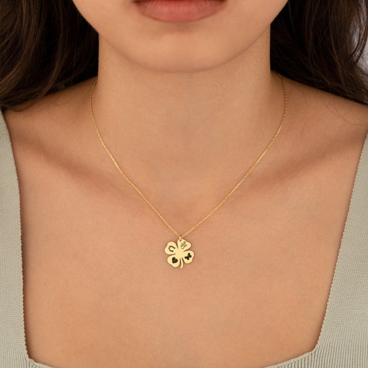 14K Solid Gold Four Leaf Clover Shamrock Necklace