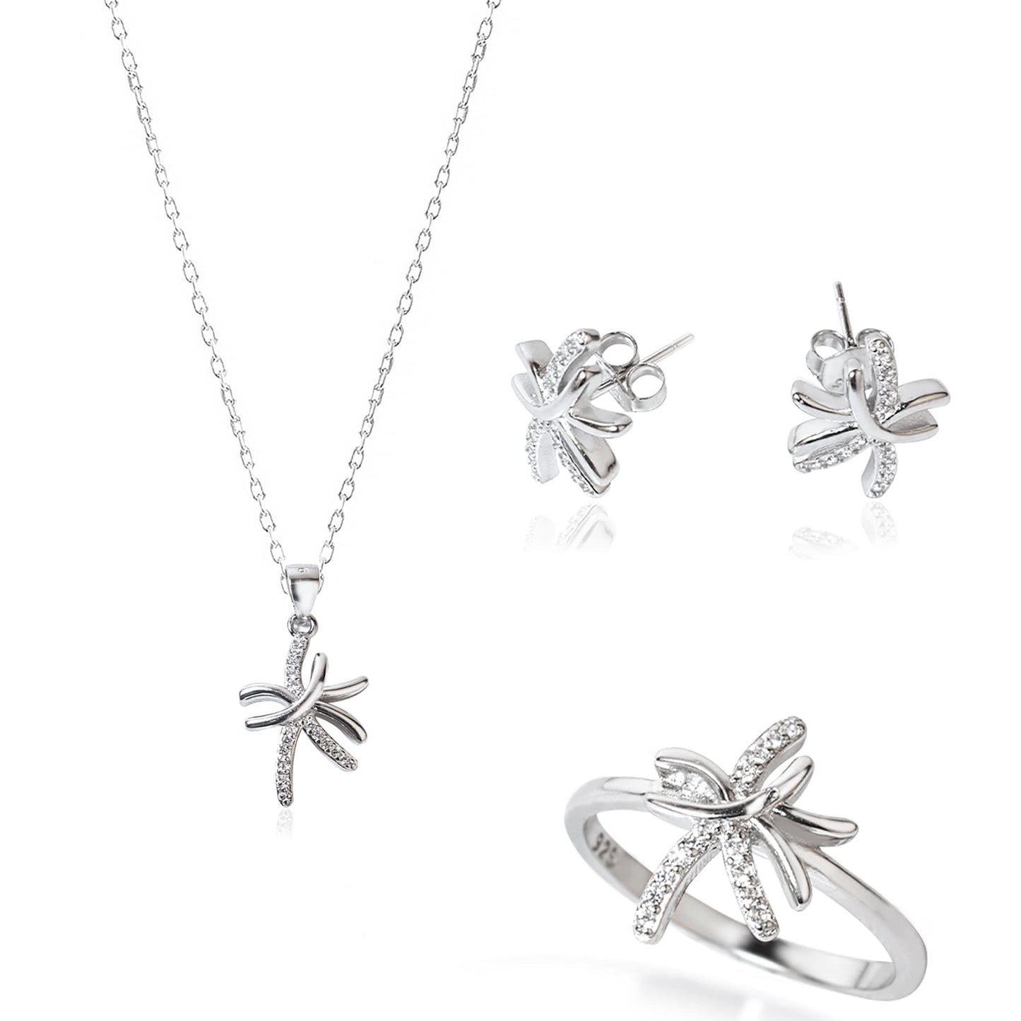 925 Sterling Silver Asymmetric Shape Jewelry Set 3 Pieces: Necklace, Ring & Earrings