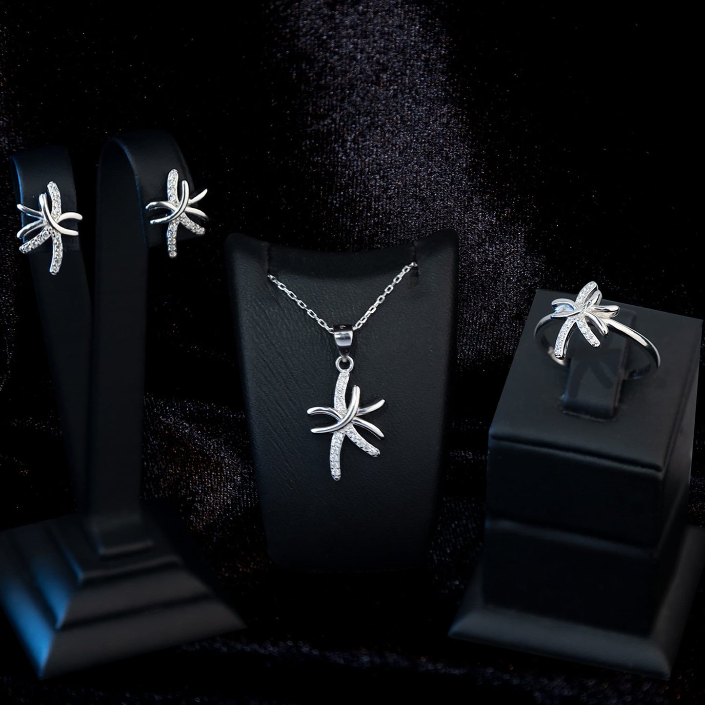 925 Sterling Silver Asymmetric Shape Jewelry Set 3 Pieces: Necklace, Ring & Earrings