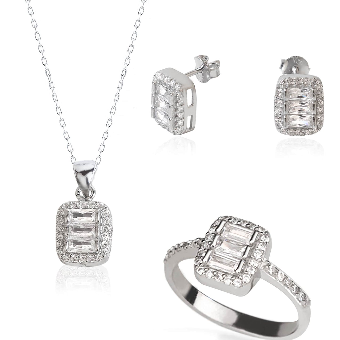 925 Sterling Silver Diamond Jewelry Set 3 Pieces: Necklace, Ring & Earrings