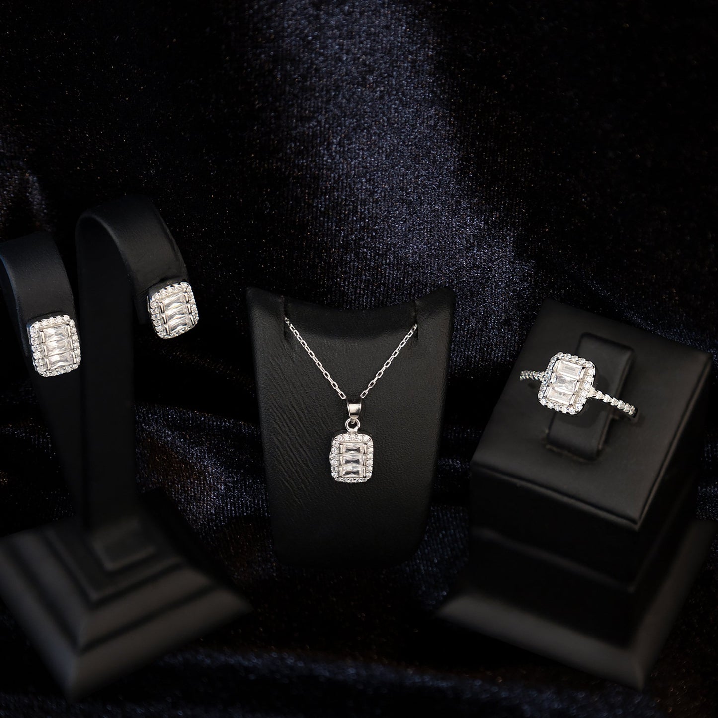 925 Sterling Silver Diamond Jewelry Set 3 Pieces: Necklace, Ring & Earrings