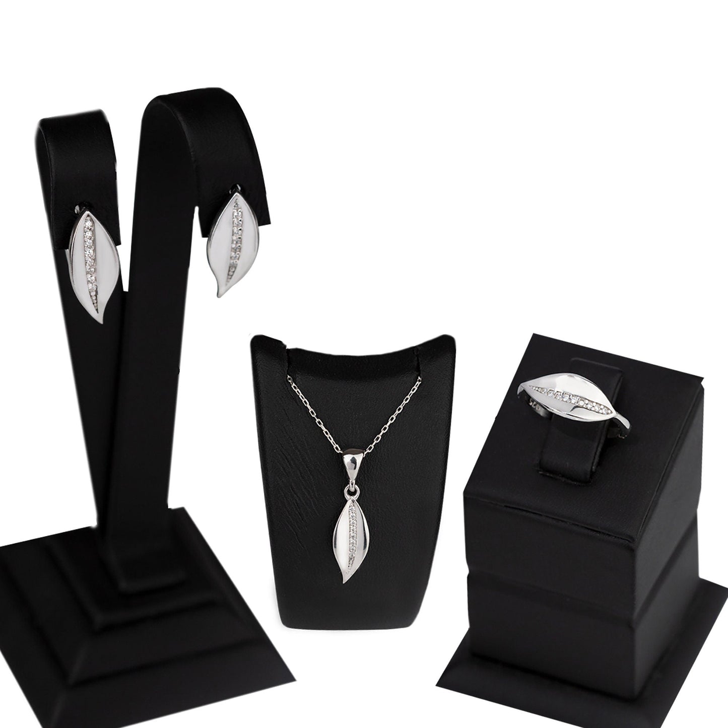 925 Sterling Silver Row of Stone Leaf Shape Set 3 Pieces: Necklace, Ring & Earrings