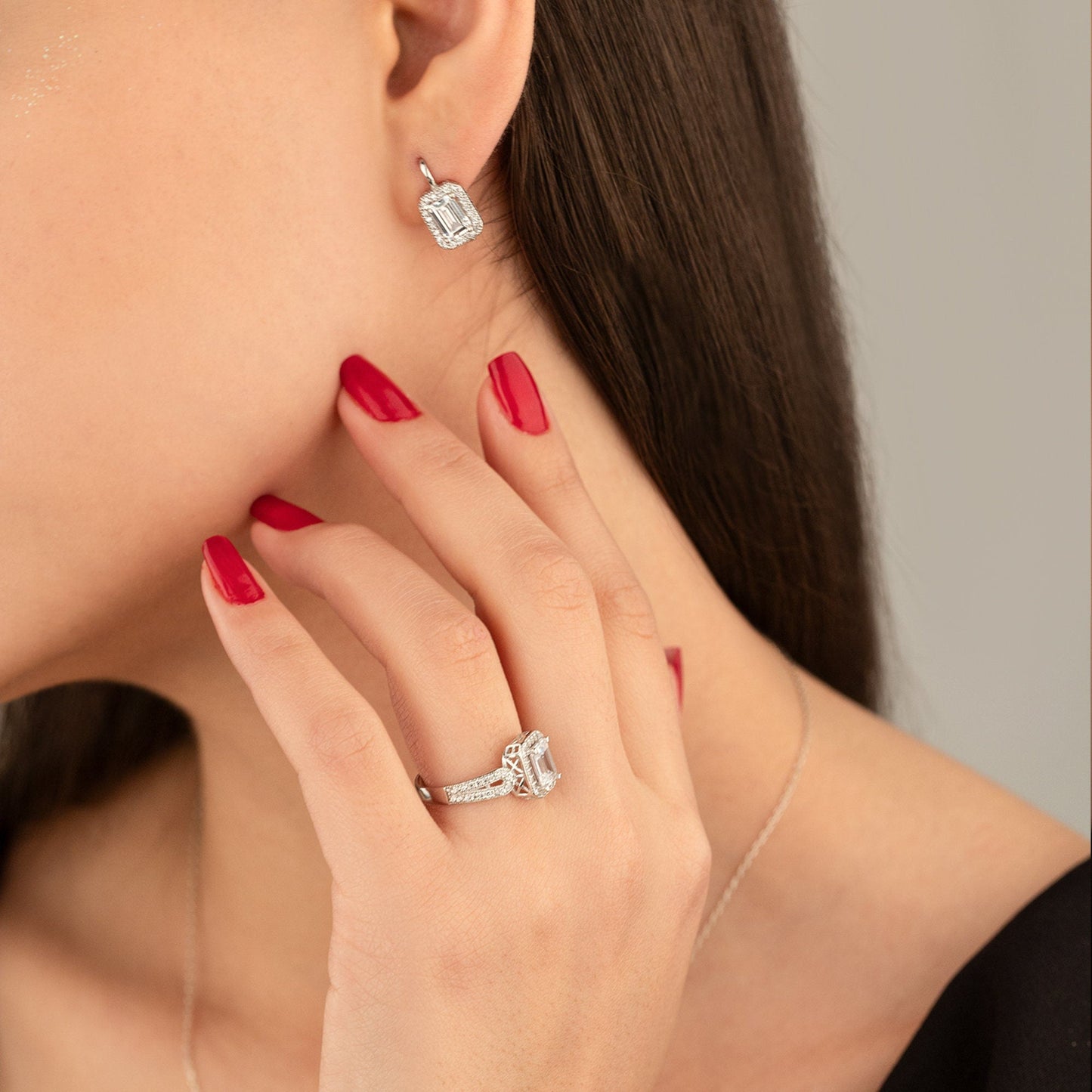 925 Sterling Silver Big Diamond Jewelry Set 3 Pieces: Necklace, Ring & Earrings