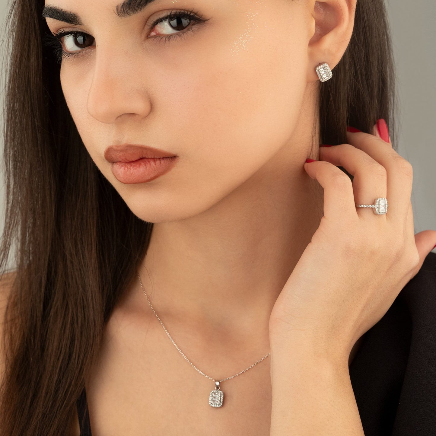 925 Sterling Silver Diamond Jewelry Set 3 Pieces: Necklace, Ring & Earrings