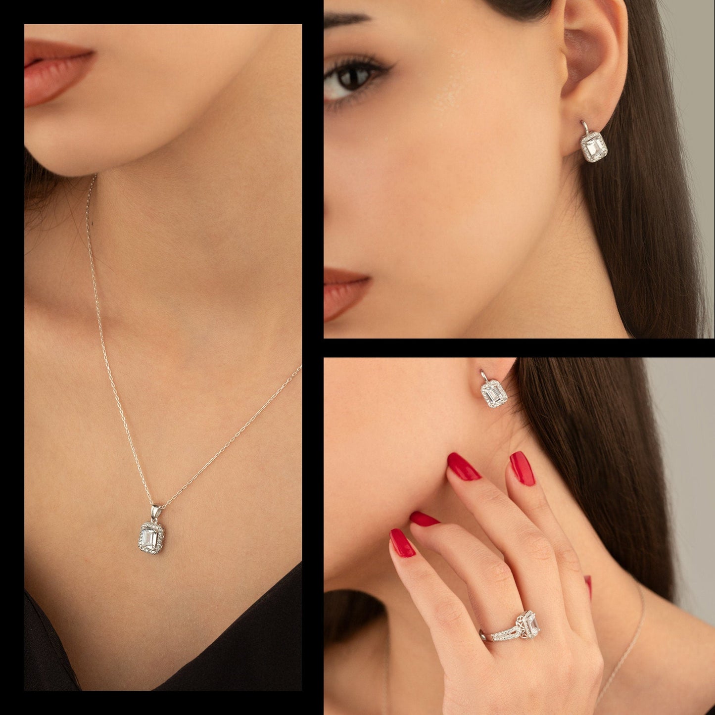 925 Sterling Silver Big Diamond Jewelry Set 3 Pieces: Necklace, Ring & Earrings