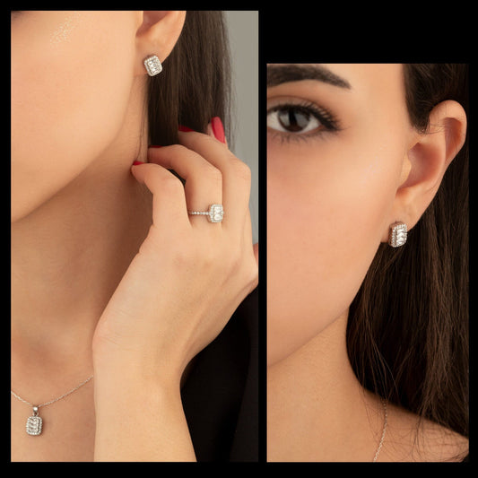 925 Sterling Silver Diamond Jewelry Set 3 Pieces: Necklace, Ring & Earrings