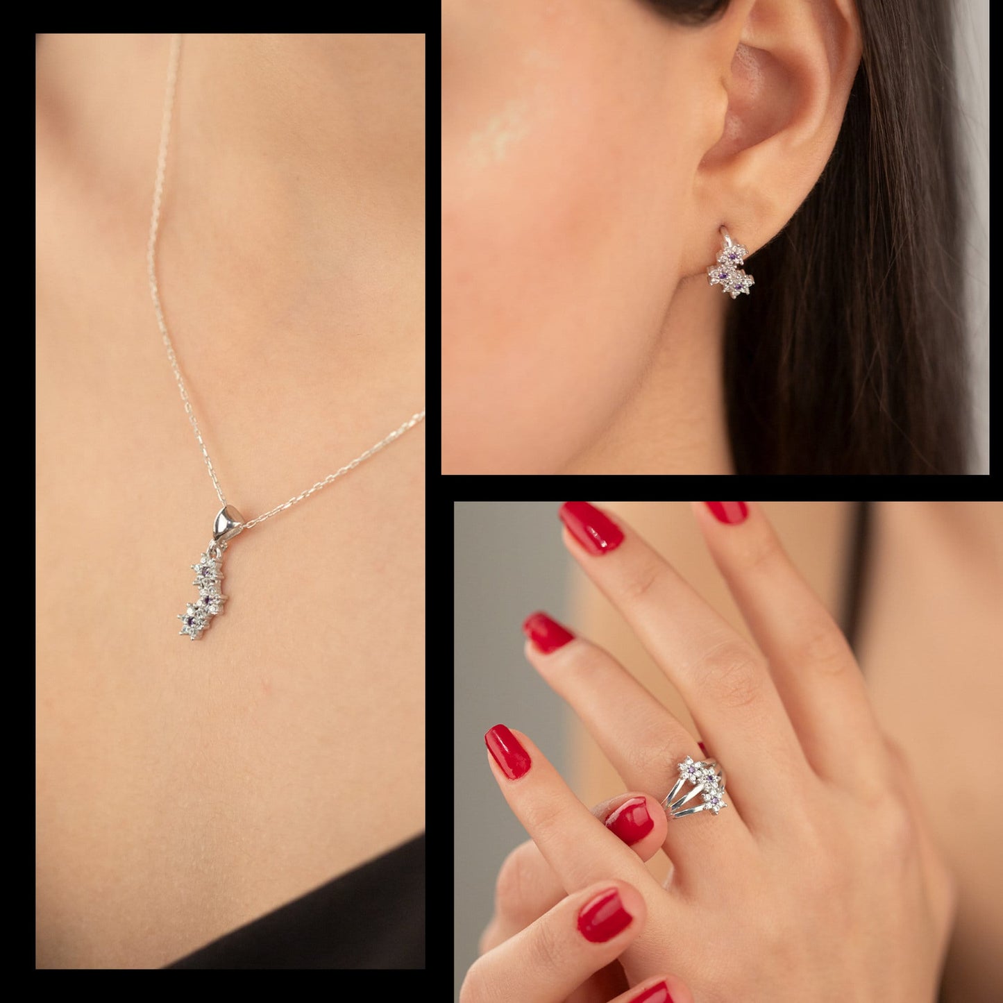 925 Sterling Silver Three Stone Daisy Shape Set 3 Pieces: Necklace, Ring & Earrings