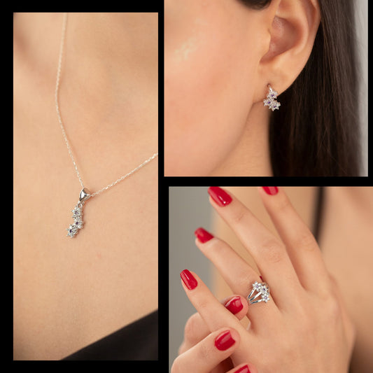 925 Sterling Silver Three Stone Daisy Shape Set 3 Pieces: Necklace, Ring & Earrings