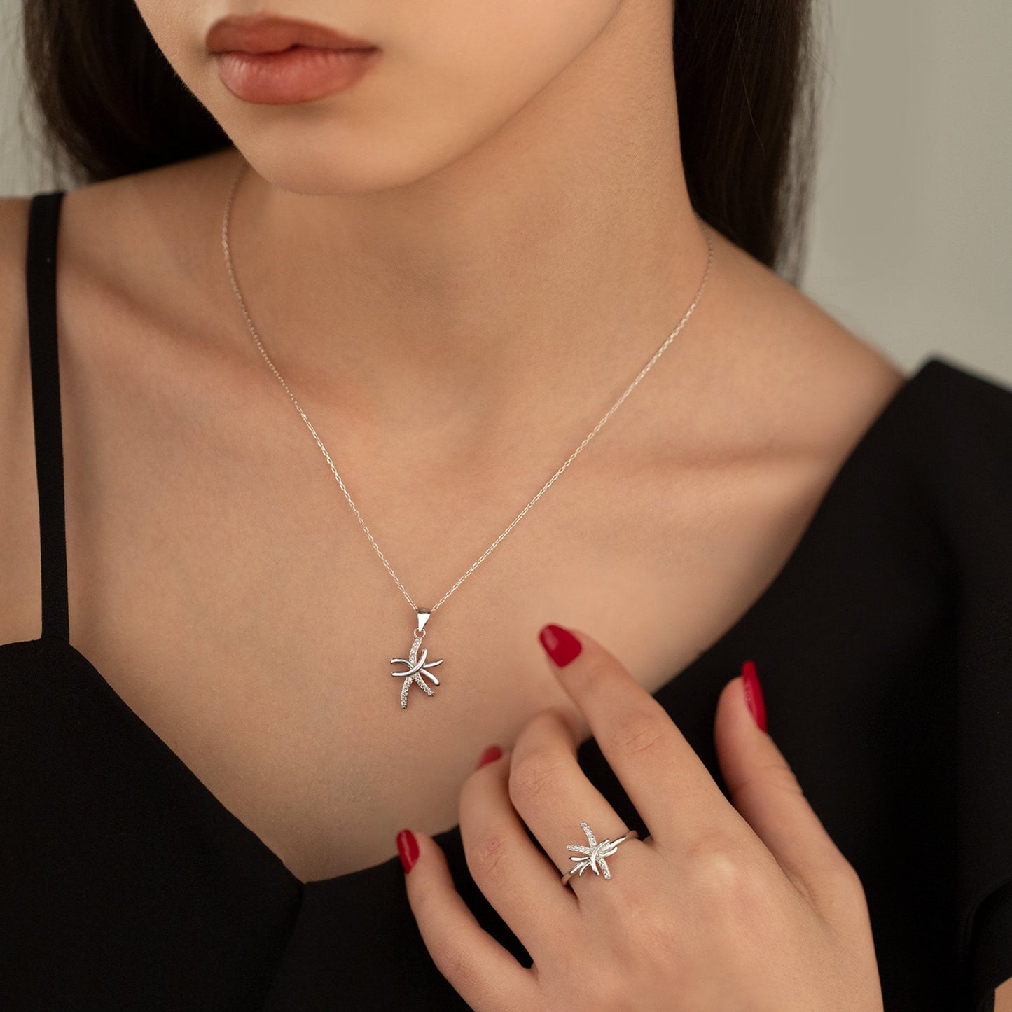 925 Sterling Silver Asymmetric Shape Jewelry Set 3 Pieces: Necklace, Ring & Earrings