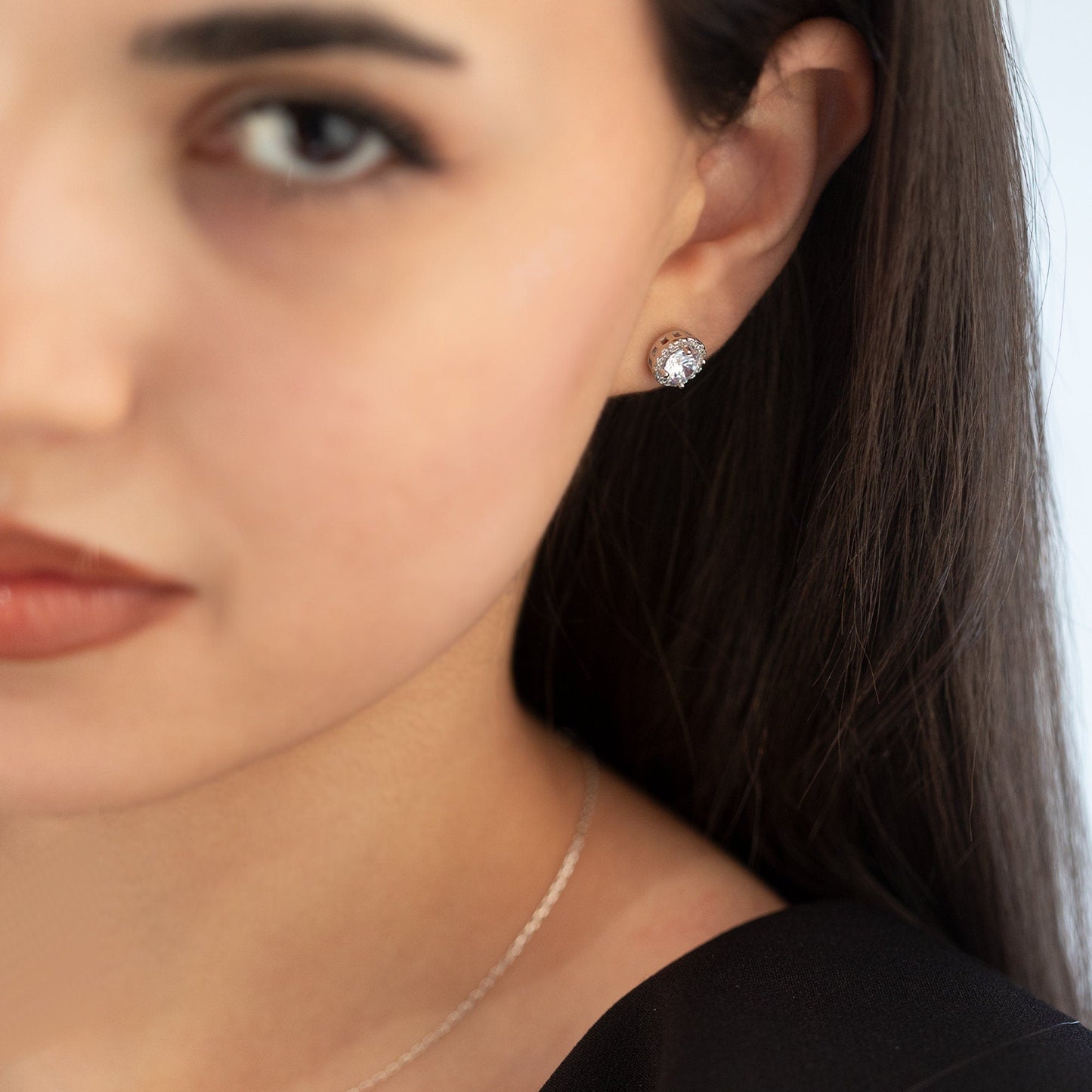 925 Sterling Silver Row Solitaire Jewelry Set 3 Pieces: Necklace, Ring & Earrings