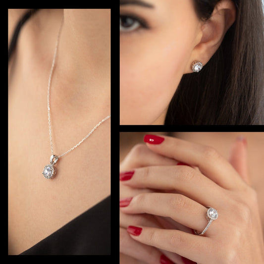 925 Sterling Silver Row Solitaire Jewelry Set 3 Pieces: Necklace, Ring & Earrings