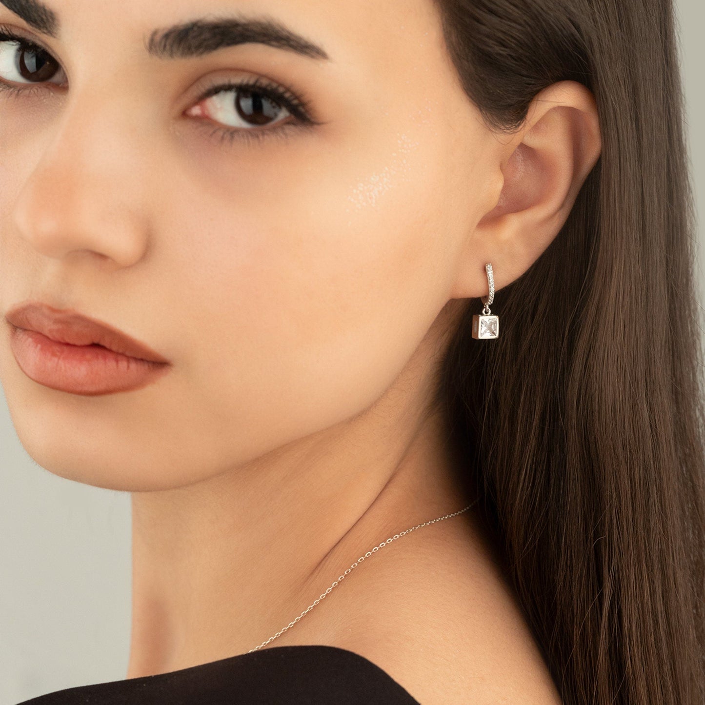 925 Sterling Silver Square Diamond Shape Set 3 Pieces: Necklace, Ring & Earrings