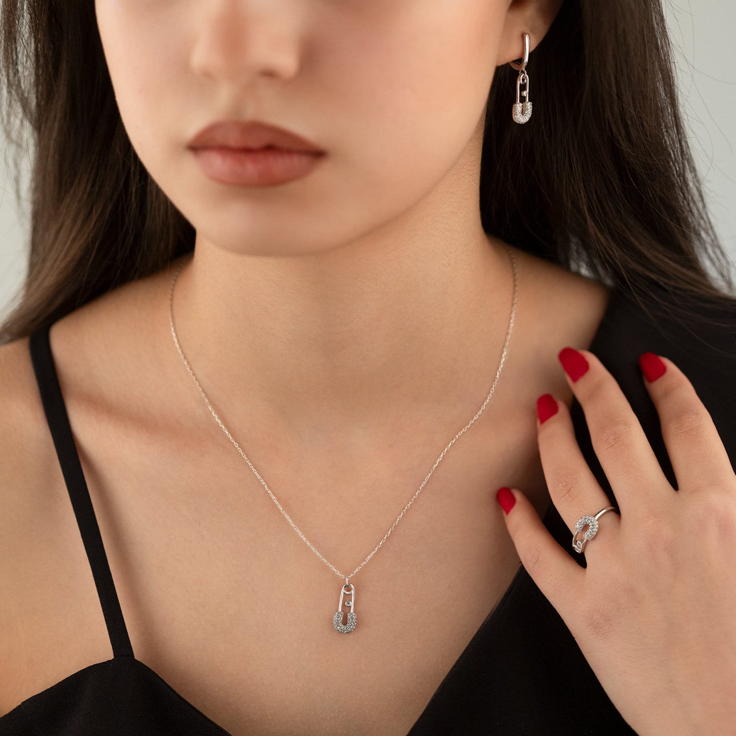 925 Sterling Silver Safety Pin Shape Jewelry Set 3 Pieces: Necklace, Ring & Earrings