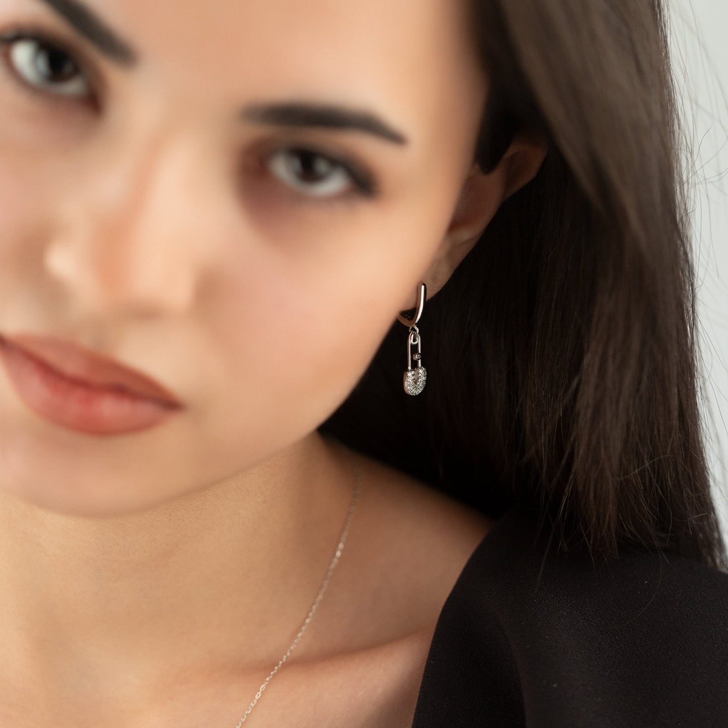 925 Sterling Silver Safety Pin Shape Jewelry Set 3 Pieces: Necklace, Ring & Earrings