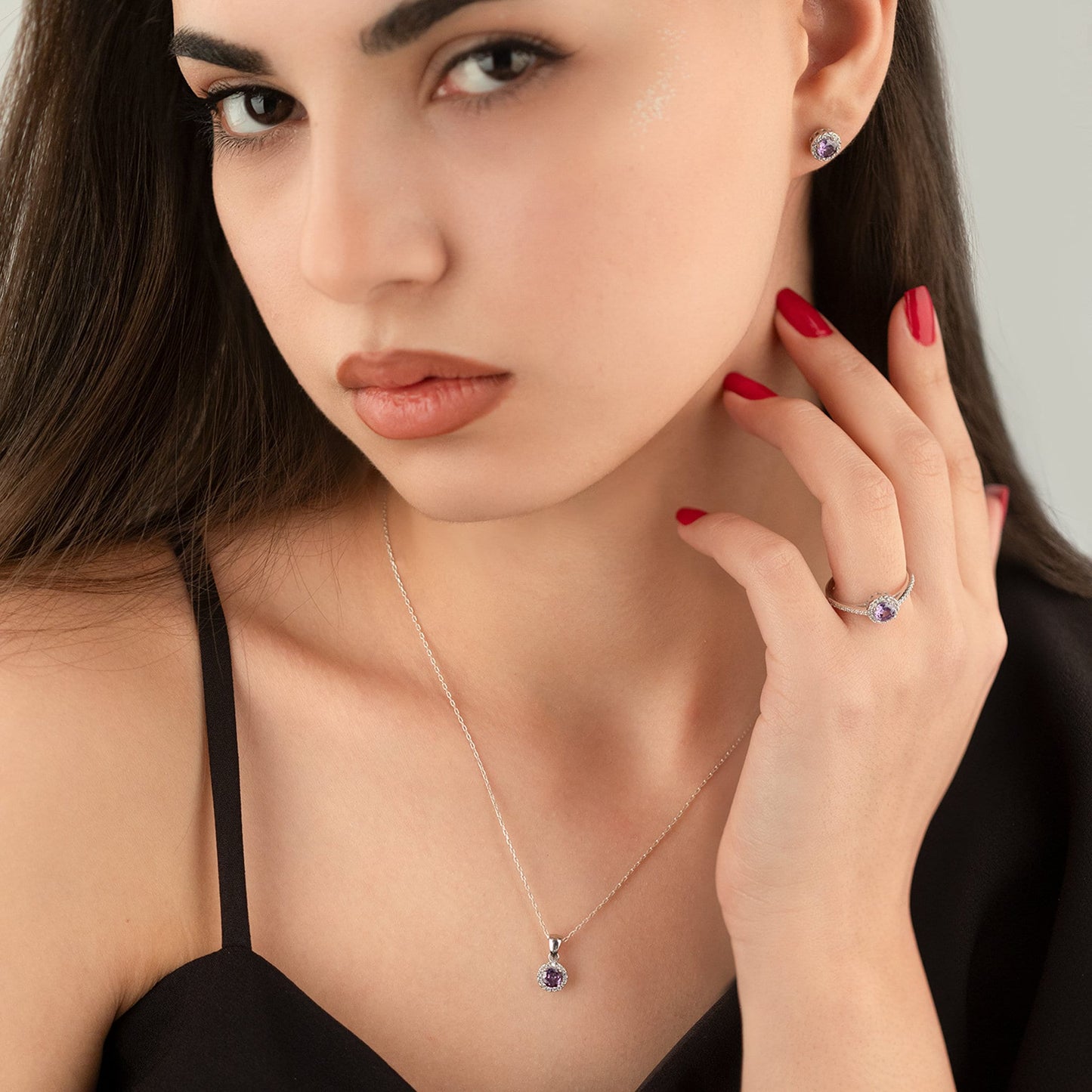 925 Sterling Silver Purple Single Stone Shape Set 3 Pieces: Necklace, Ring & Earrings