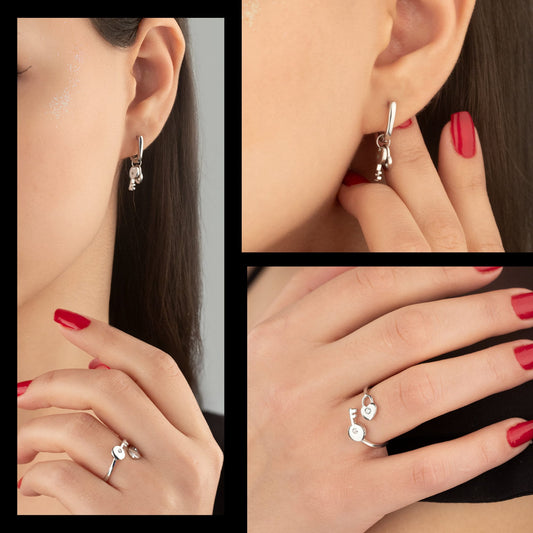 925 Sterling Silver Keyed Heart Locked Shape Set 2 Pieces: Ring & Earrings