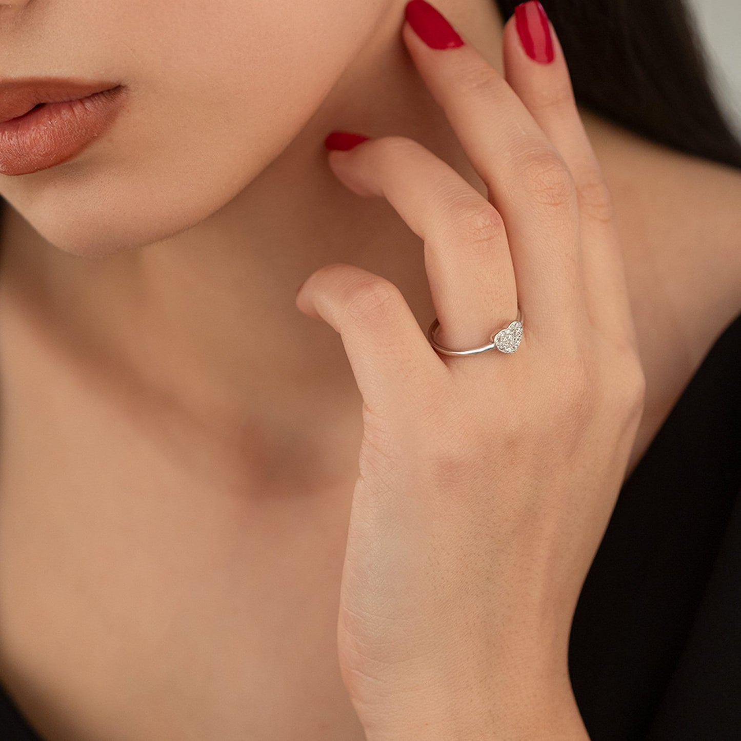 925 Sterling Silver Diamond Heart Shape Set 2 Pieces: Ring & Earrings