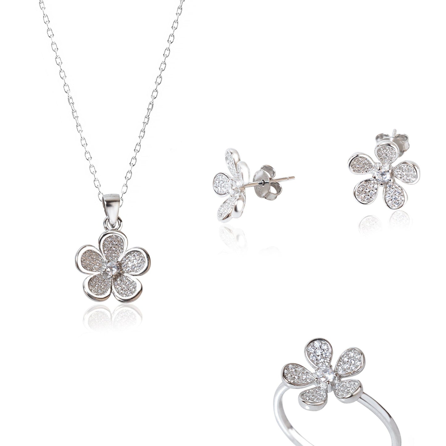 925 Sterling Silver Daisy Shape Jewelry Set 3 Pieces: Necklace, Ring & Earrings