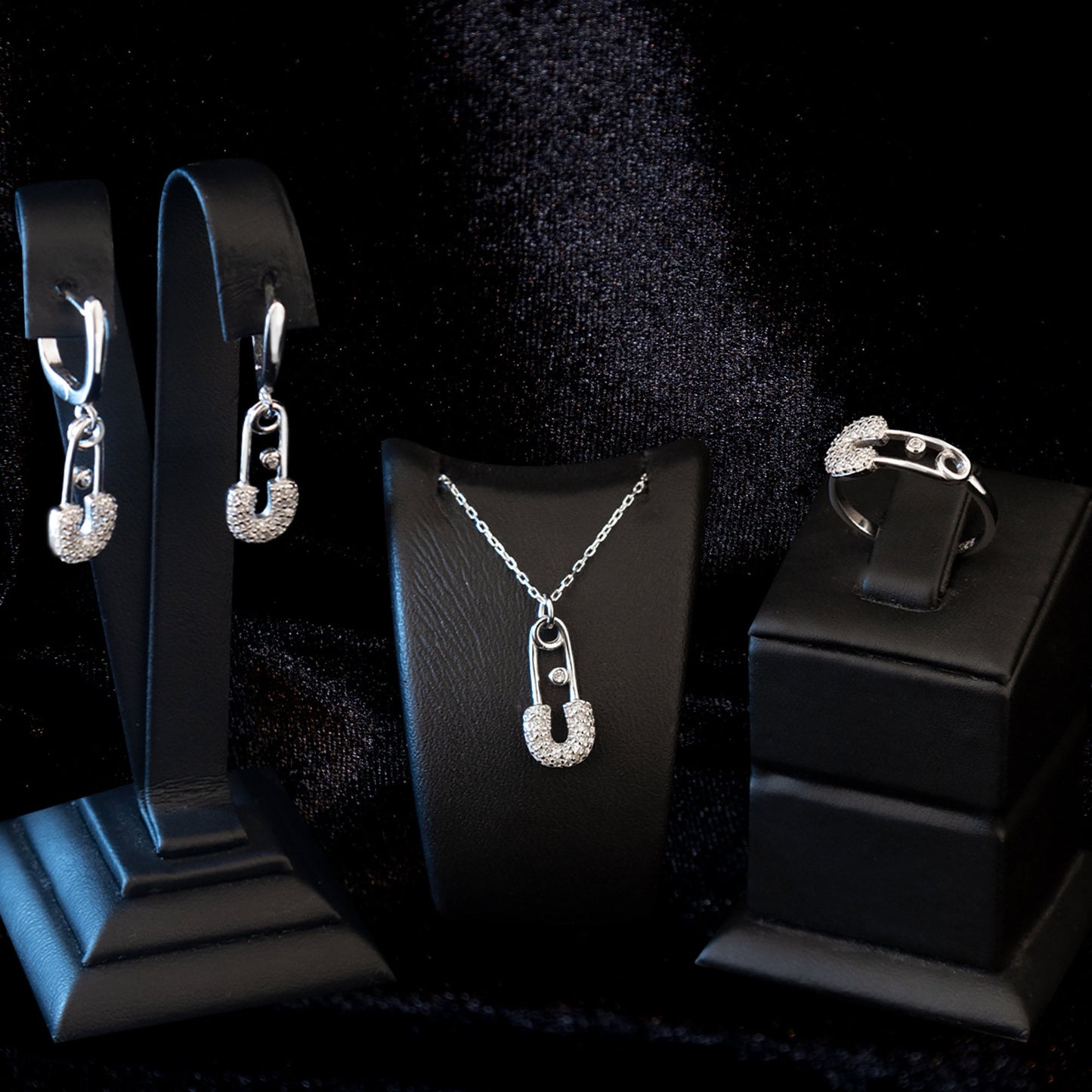 925 Sterling Silver Safety Pin Shape Jewelry Set 3 Pieces: Necklace, Ring & Earrings