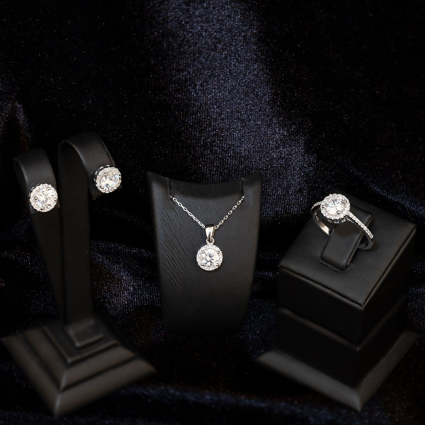 925 Sterling Silver Row Solitaire Jewelry Set 3 Pieces: Necklace, Ring & Earrings