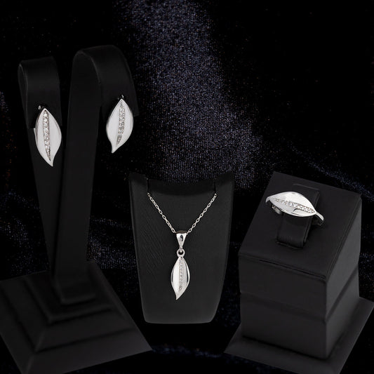 925 Sterling Silver Row of Stone Leaf Shape Set 3 Pieces: Necklace, Ring & Earrings