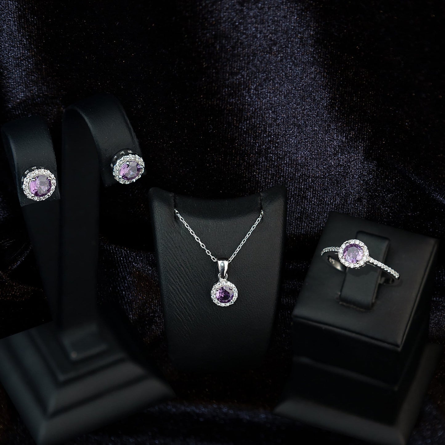 925 Sterling Silver Purple Single Stone Shape Set 3 Pieces: Necklace, Ring & Earrings