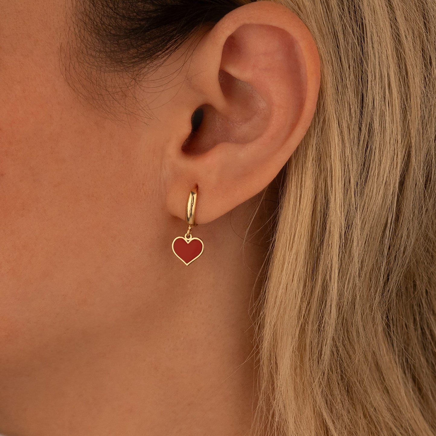 925 Sterling Silver Red Heart Hoop Earring