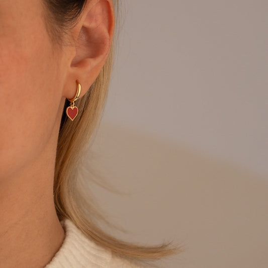 925 Sterling Silver Red Heart Hoop Earring