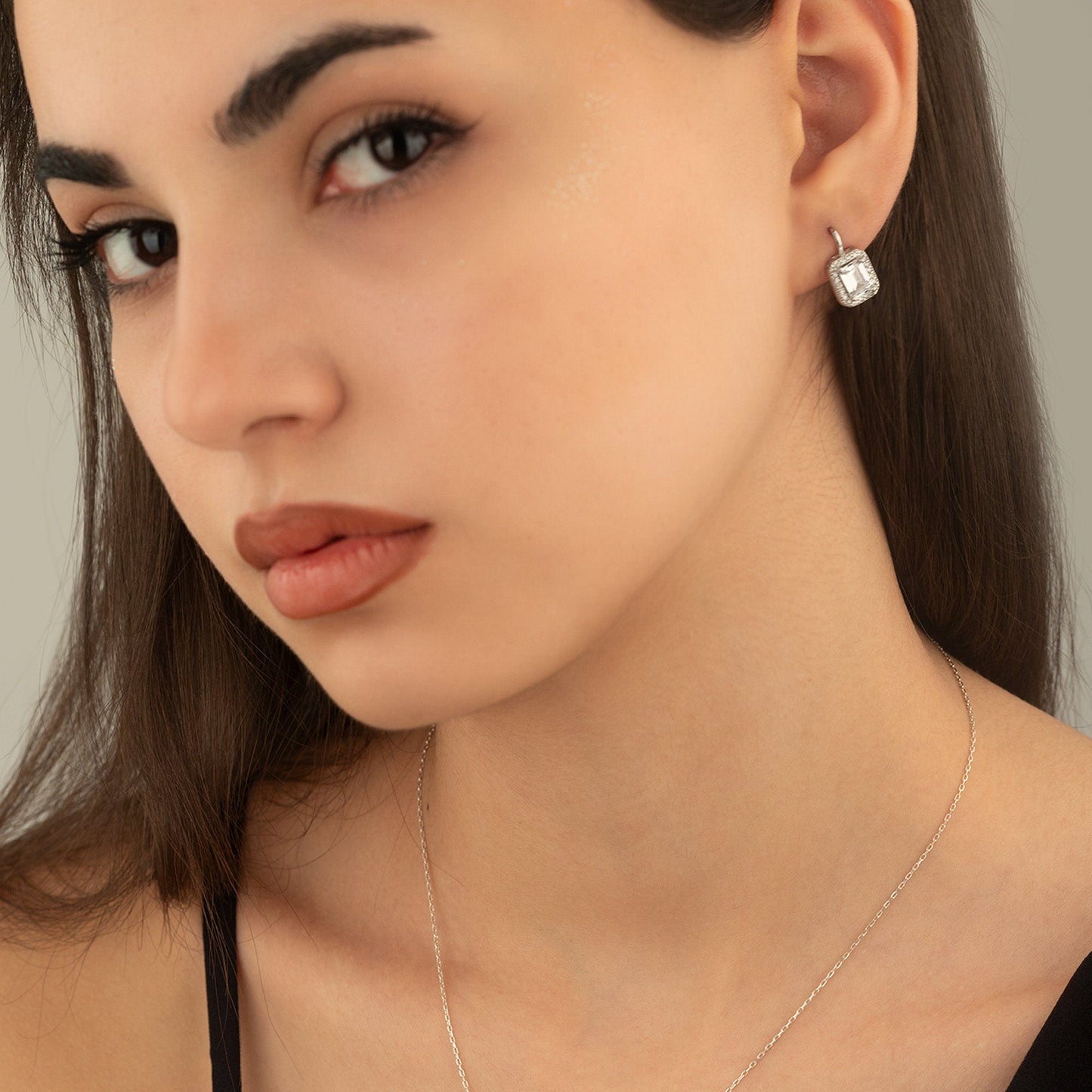 925 Sterling Silver Big Diamond Jewelry Set 3 Pieces: Necklace, Ring & Earrings